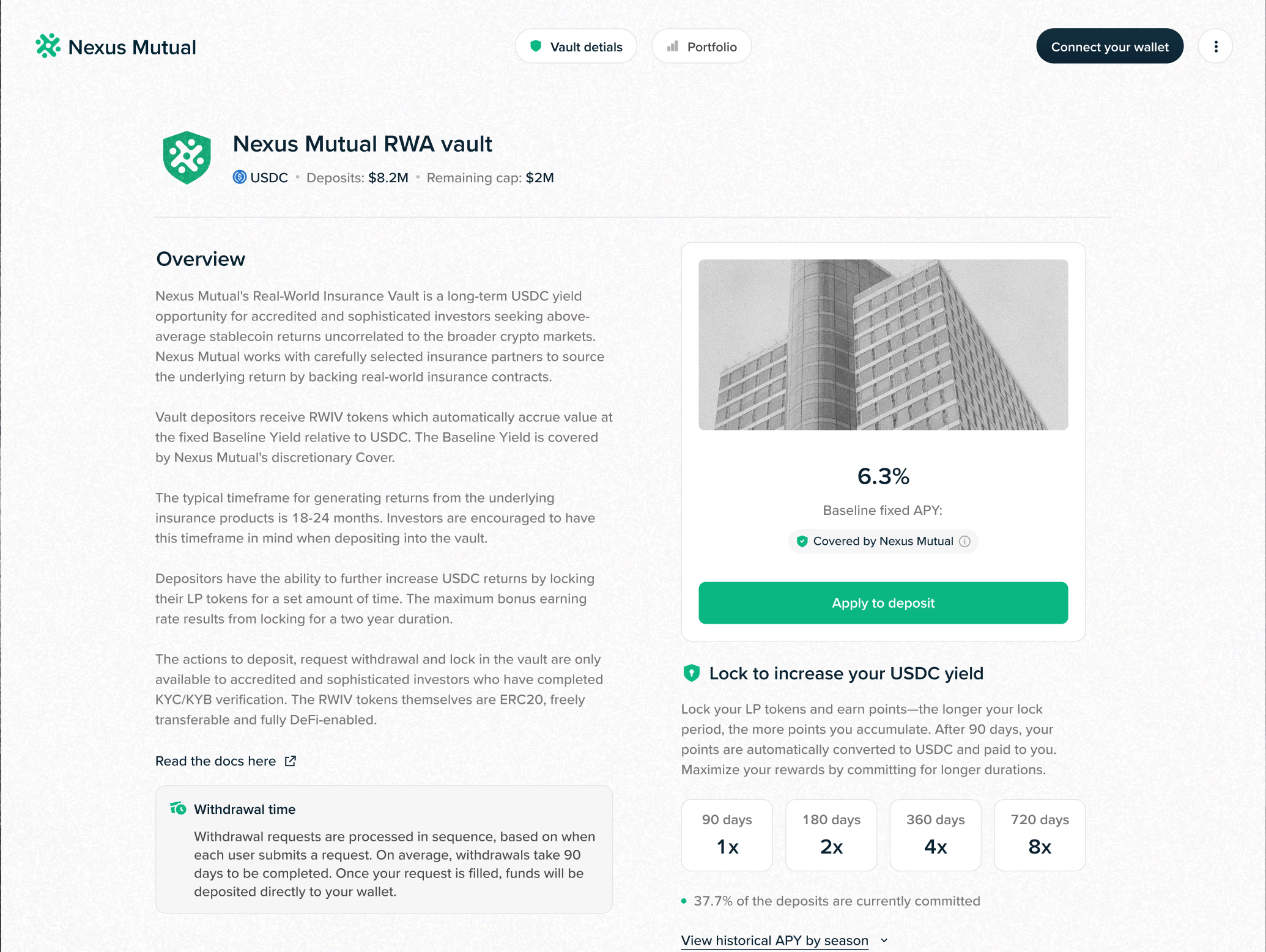 Nexus Mutual crypto insurance vault interface