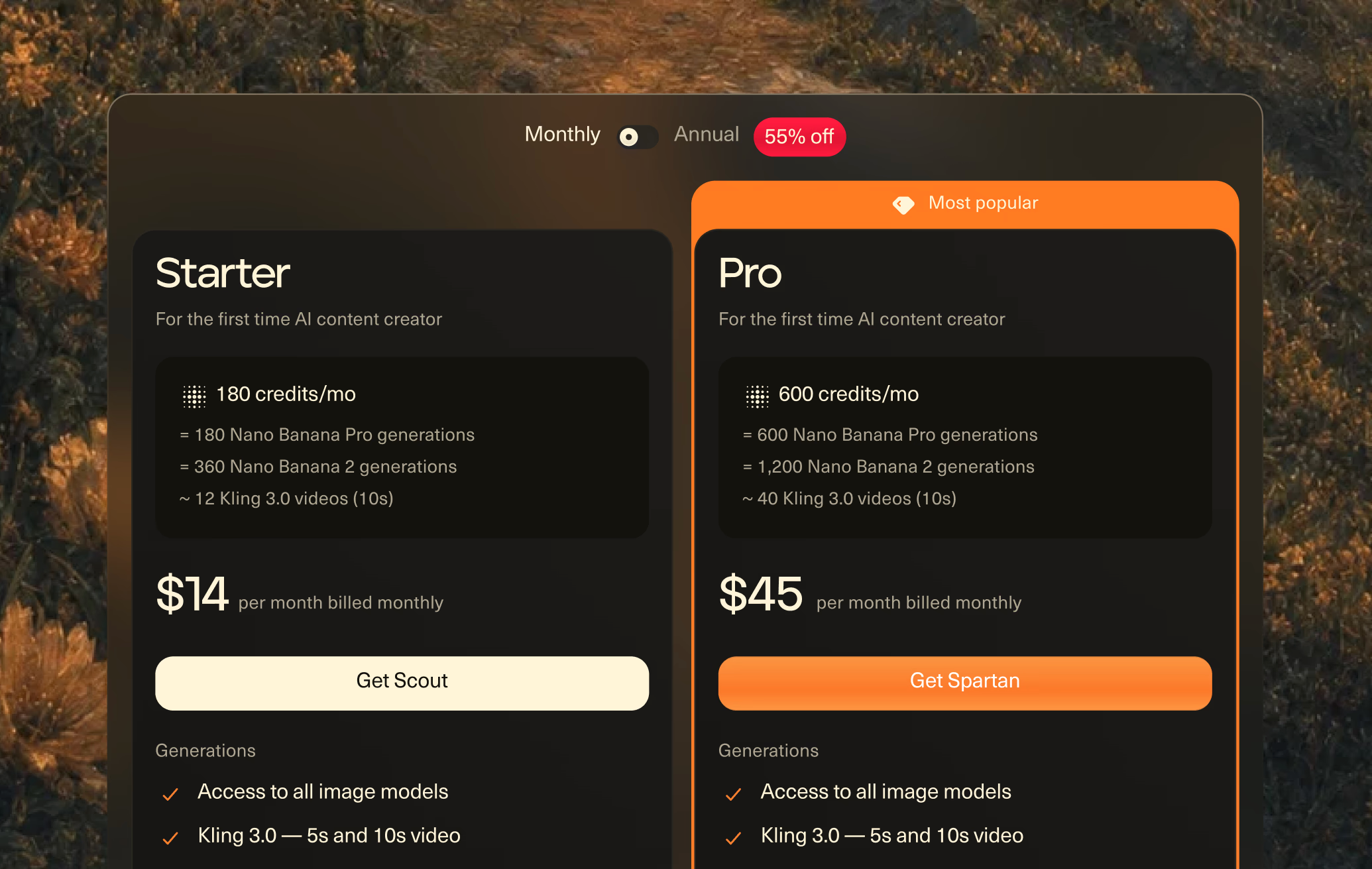 Silvio AI content generation product interface, pricing