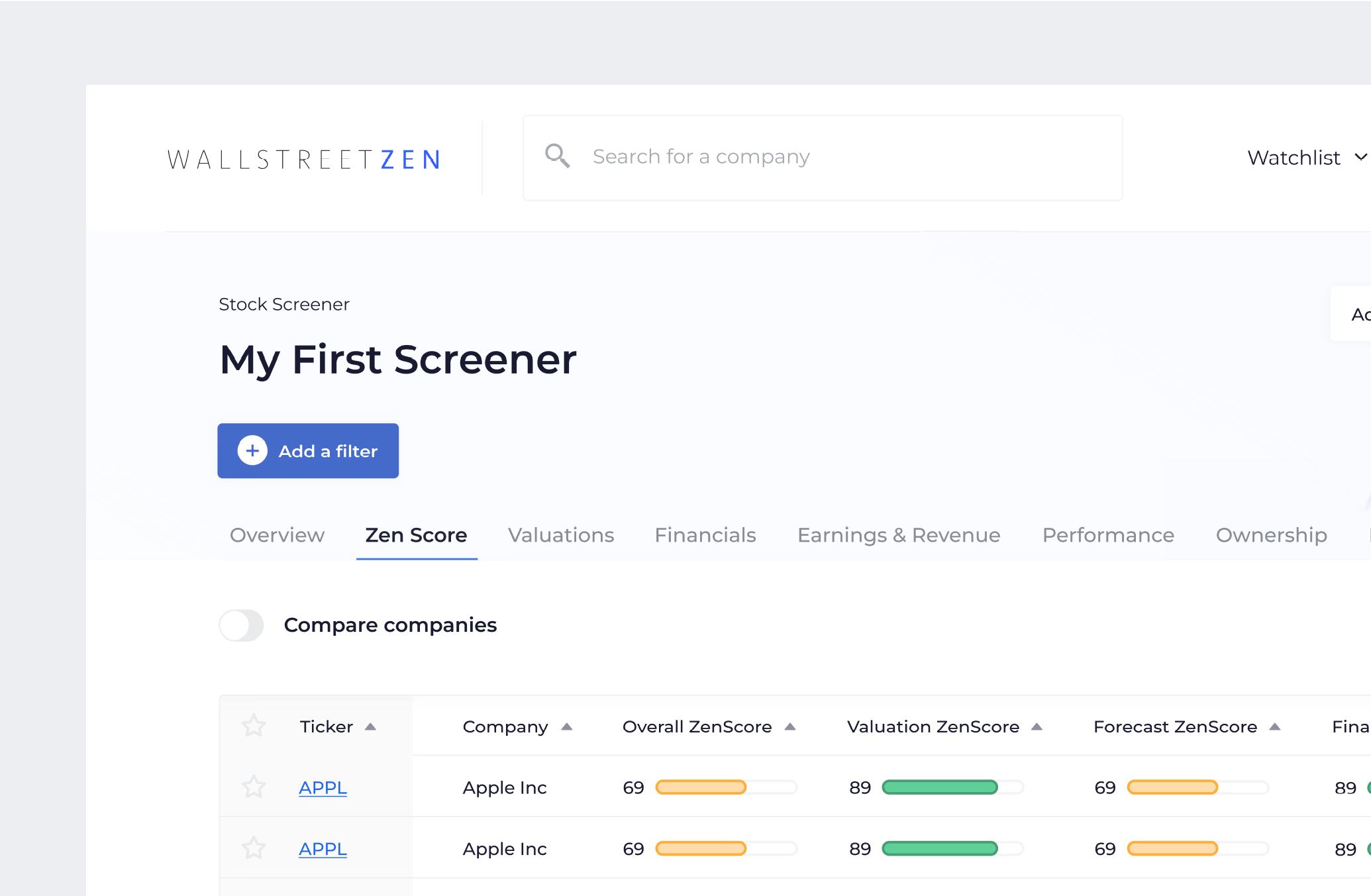 WallstreetZen stock research interface, screen 6